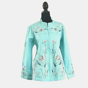 Aqua Blue Size Large Boho Stretch Spring Embroidered Sequin Butterflies Jacket
